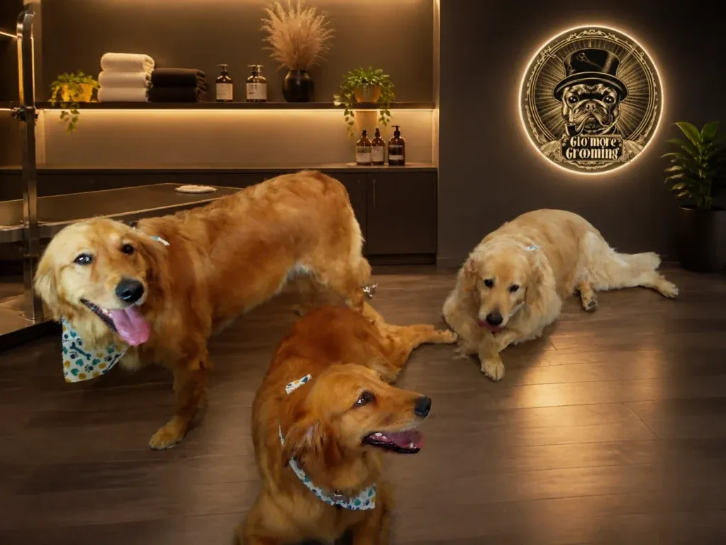 Dogs relaxing after grooming in the Glomore studio