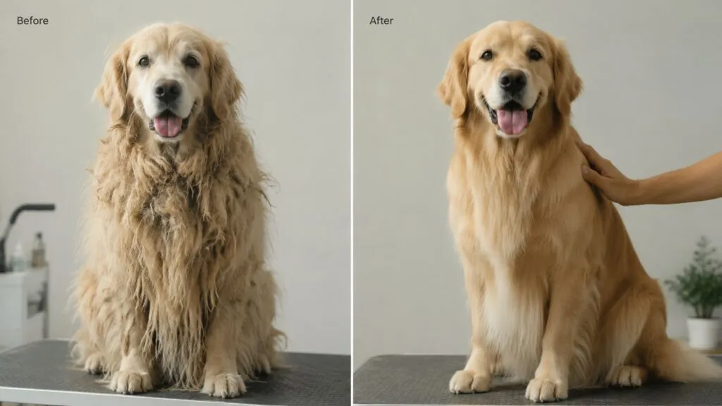 A freshly groomed golden retriever shown before and after its grooming visit