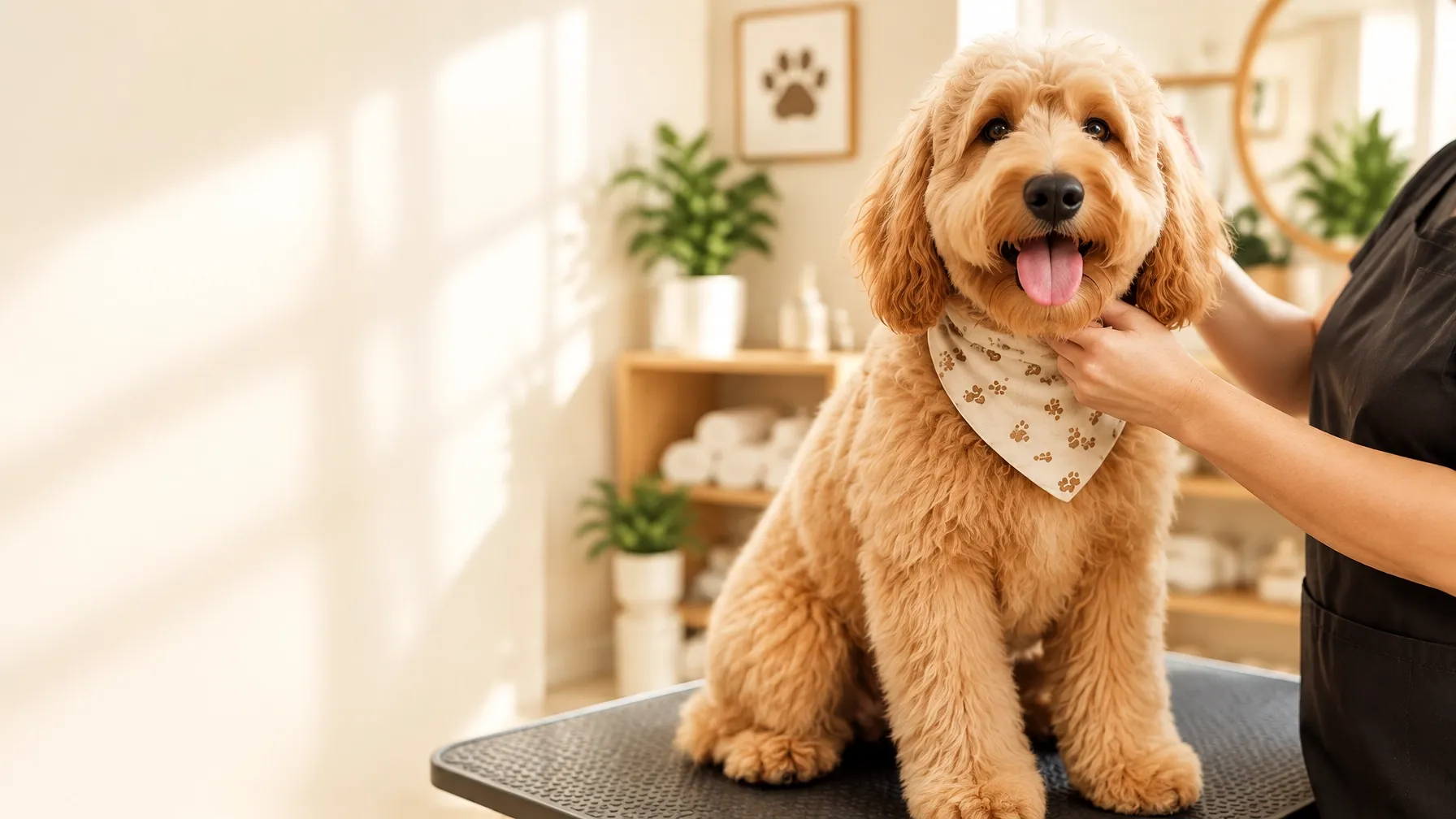 Freshly groomed apricot dog enjoying gentle one-on-one care in a bright grooming studio