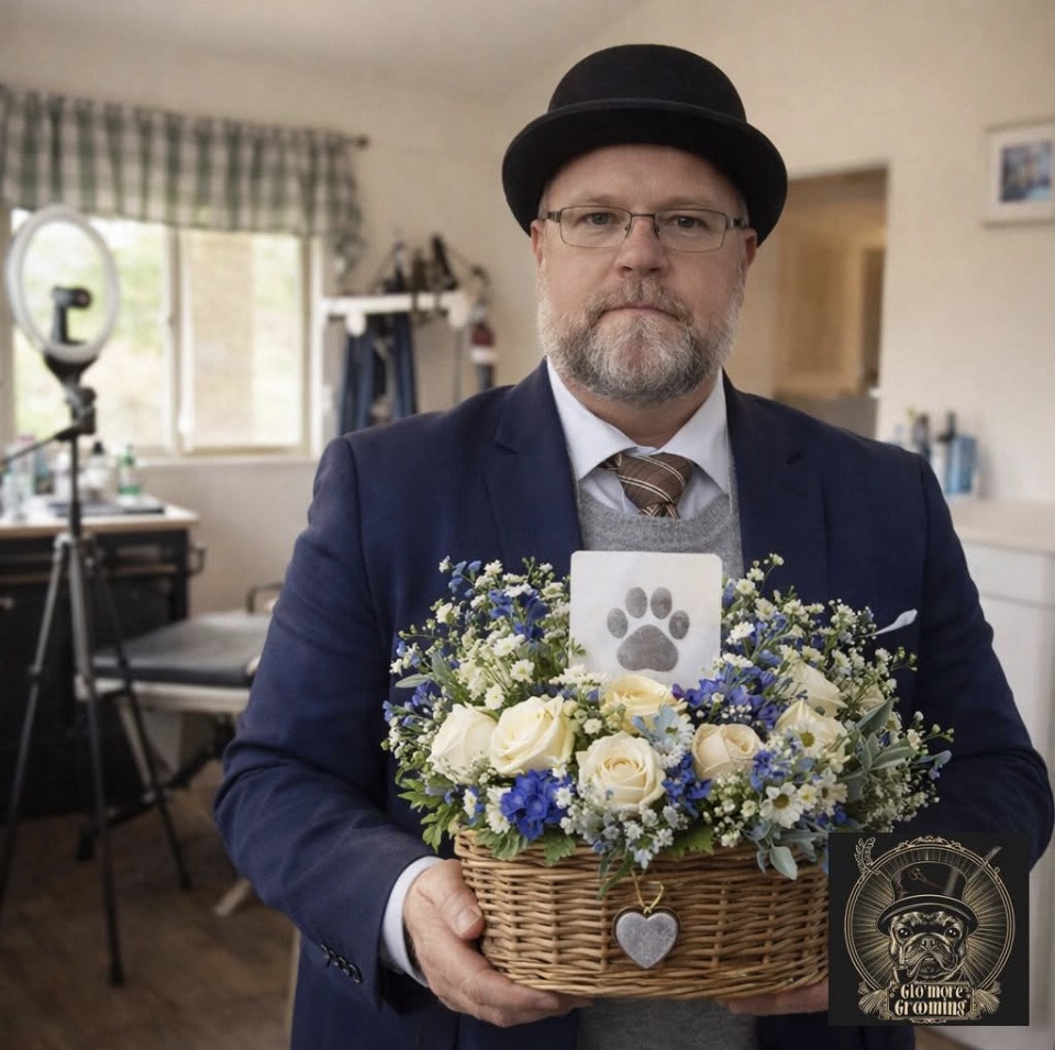 The Glomore Grooming team presenting a custom Petals for Paws floral tribute